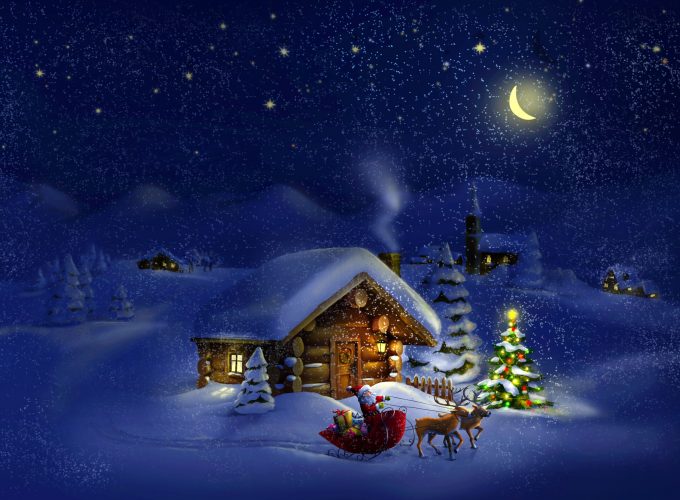 Wallpaper Christmas, New Year, Santa, deer, moon, night, winter, house, snow, 4k, Holidays 2656013204